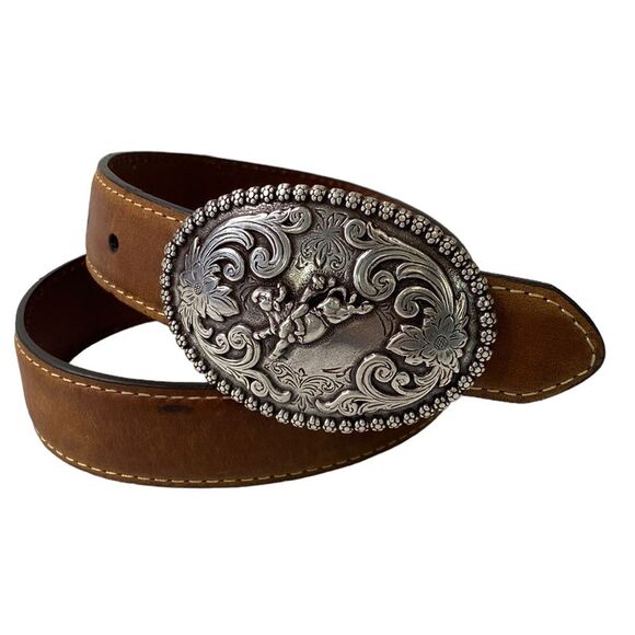 Nocona Western Full-Grain Leather Rodeo Belt with Silver Bull Rider Buckle - Picture 2 of 16